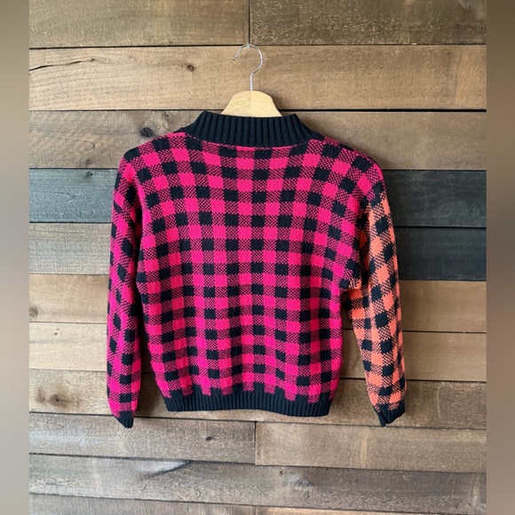 Vintage 80s Buffalo Check Sweater Pink Orange Black Cropped Knit Top - Picture 8 of 11